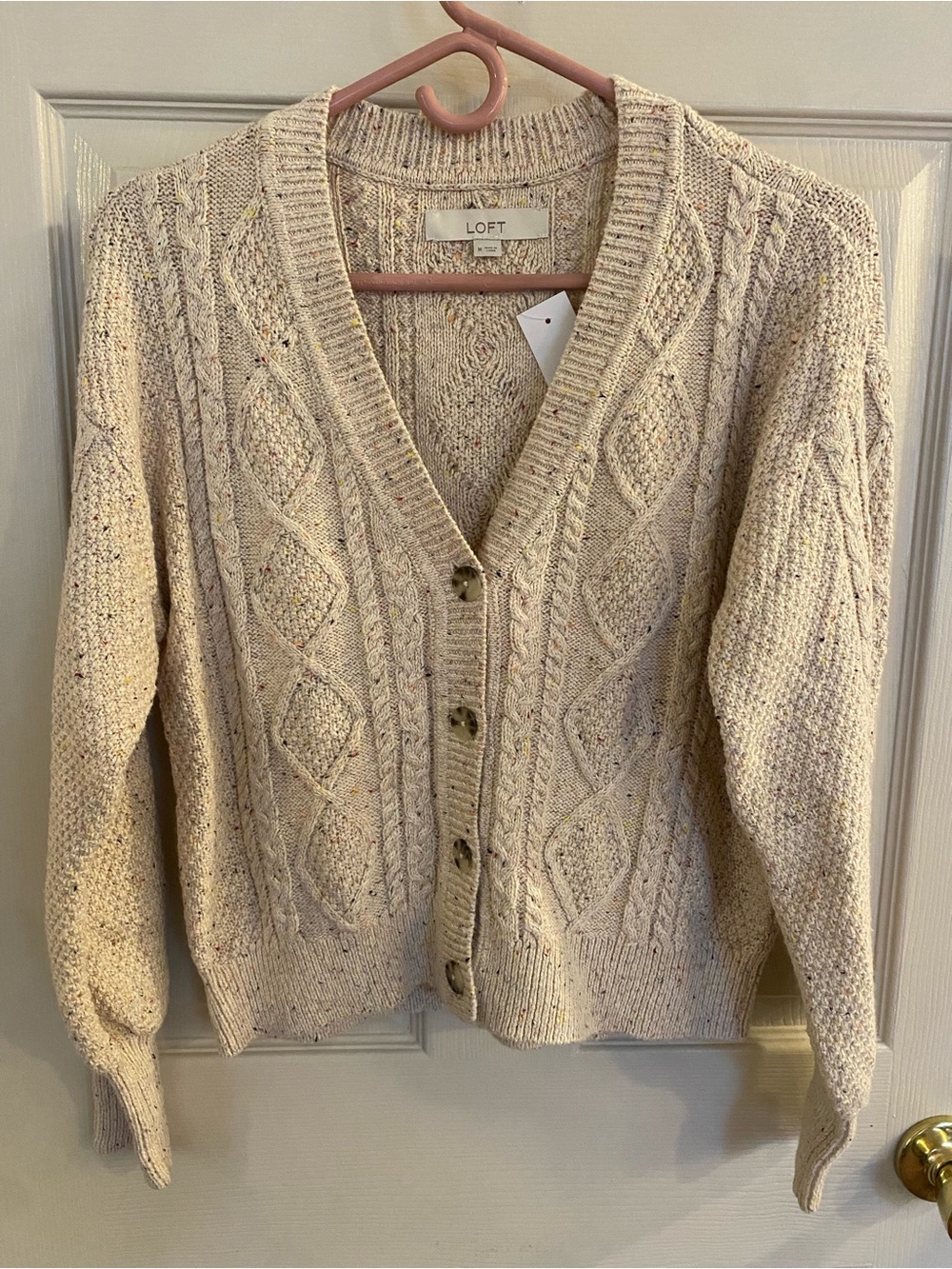 LOFT Speckled Cream Cable-Knit Button Cardigan
